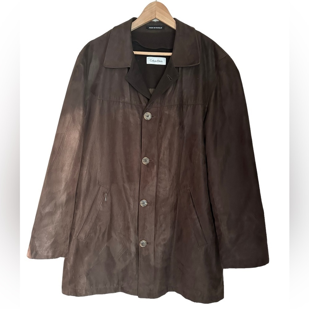 Calvin Klein Jacket Mens Brown Long Winter Coat with Wool Blend Lining Size 42R